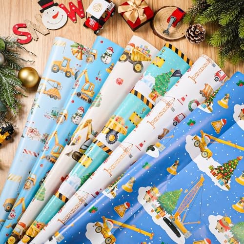  12 Sheets Construction Christmas Wrapping Paper for Boys Kids, Holiday Gift 