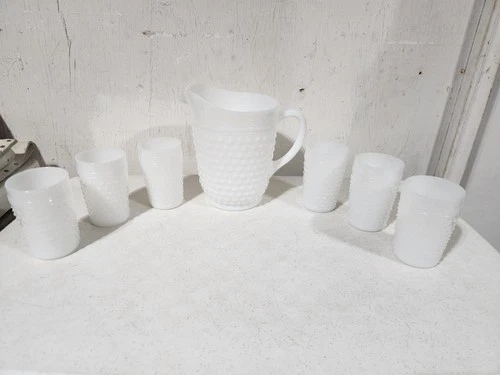 Vintage White Fenton Hobnail Milk Glass Pitcher 8” Tall w/6 Matching Glasses