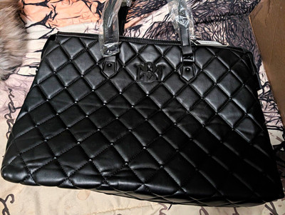 Badgley Mischka Black Quilted Tote Handbag Solid Double Handles Stitching