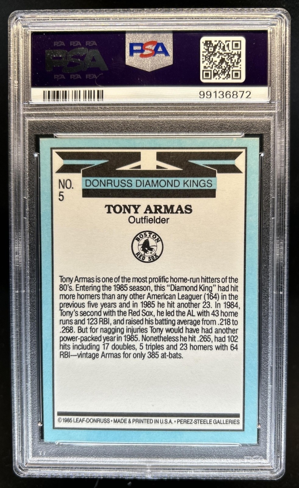 1986 Donruss Tony Armas Authentic Auto Autograph #5 Red Sox PSA 10 GEM MINT view 2