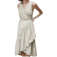 Zara Wrap Dress Sz M Tan Asymmetrical Ruffle Sleeveless Cotton Neutral Festival