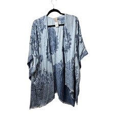 Chico's One Size Kimono Blue Open Cardigan 3/4 Sleeves Embroidered Beaded Sequin