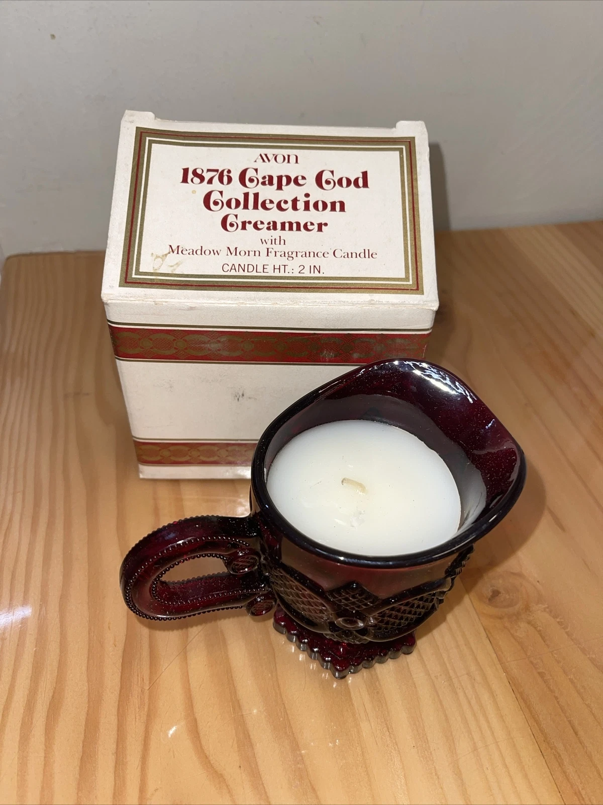 Vintage AVON Cape Cod 1876 RUBY RED 3 7 8" Footed Creamer with Scented Candle