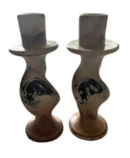 *Vintage Hand Carved Soapstone Candle Holders Tribal Set Of 2 Made In Kenya *