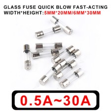 Glass Fuses 5 20mm/6 30mm 0.2A 30A 250V Radio Fast Acting Quick Blow Glass Fuse