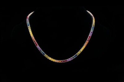 30 ctw Created Princess Rainbow Sapphire 14K Gold Plated Tennis Women's Necklace