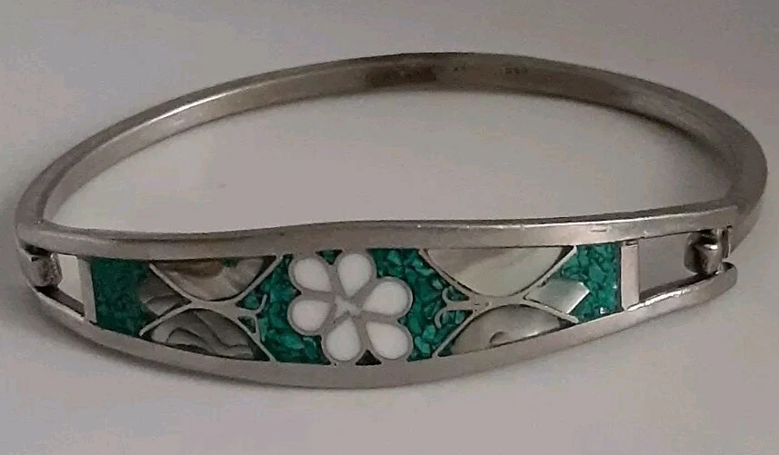 Vintage Mexico Alpaca Silver Hinged Bracelet Abalone Inlay Flower Butterfly  - Image 2 of 4