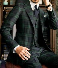 Men's suit green checkered British style wedding business leisure dance custom