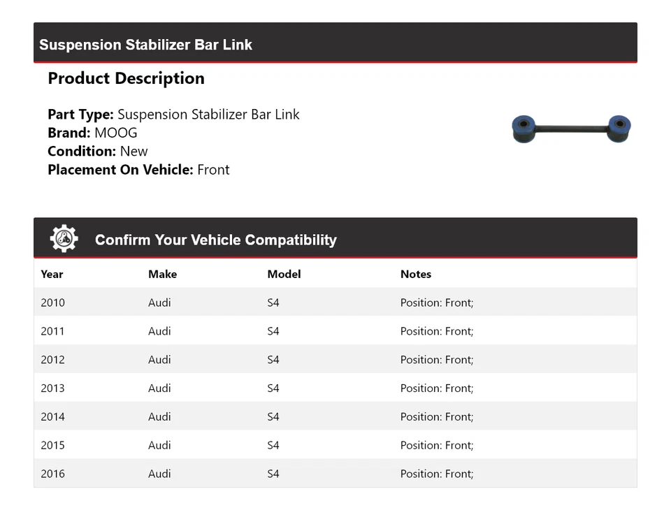 Barra estabilizadora de suspensión delantera MOOG 2010 2011 2012 para Audi S4 2010-2016 Foto 2 de 4