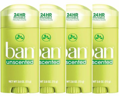 Ban Unscented Deodorant 24 Hour Protection Pack of 4 Antiperspirant 2.6 ...