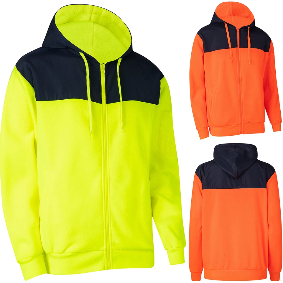 HI VIS Hooded Safety Jacket Hoodie Full Zip Tradie Workwear Fleece Lined Jumper