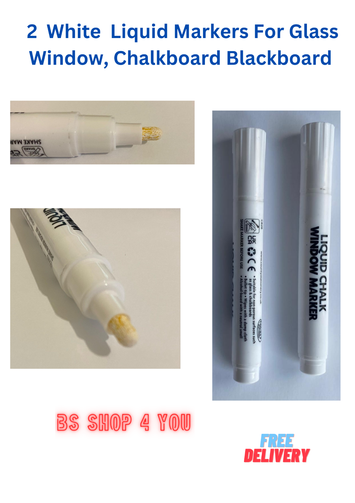 2 White Liquid Chalkboard Blackboard Markers Chalk Pens Marker For