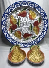 Clay Art Mosaic Pear 3-Piece Ceramic Chip and Dip Set HandPainted