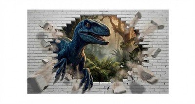 Großes Velociraptor Wandtattoo 3D Loch im Dinosaurier Aufkleber Kinder 120x80cm
