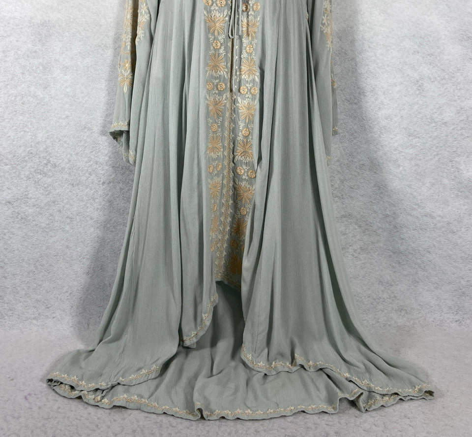 Maxi Vestido Free People Pequeño Verde Cintura Alta Bordado Manga Campana Boho Foto 3 de 4