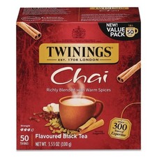 TWININGS Tea Bags, Chai Black Tea, 0.07 oz Tea Bag, 50/Box, 2 Boxes/Pack
