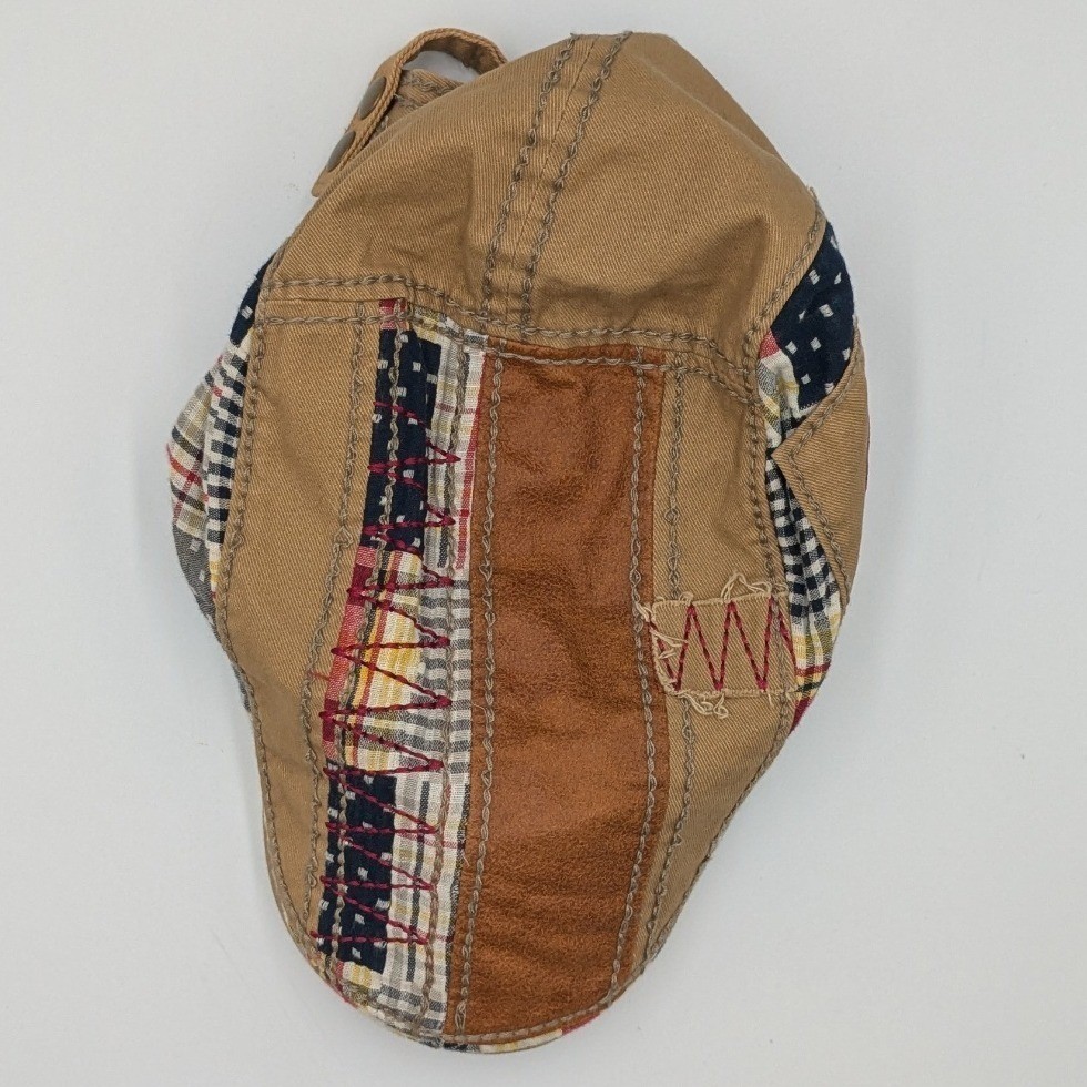 Patchwork Flat Cap Newsboy Hat Tan Plaid Embroide… - image 1