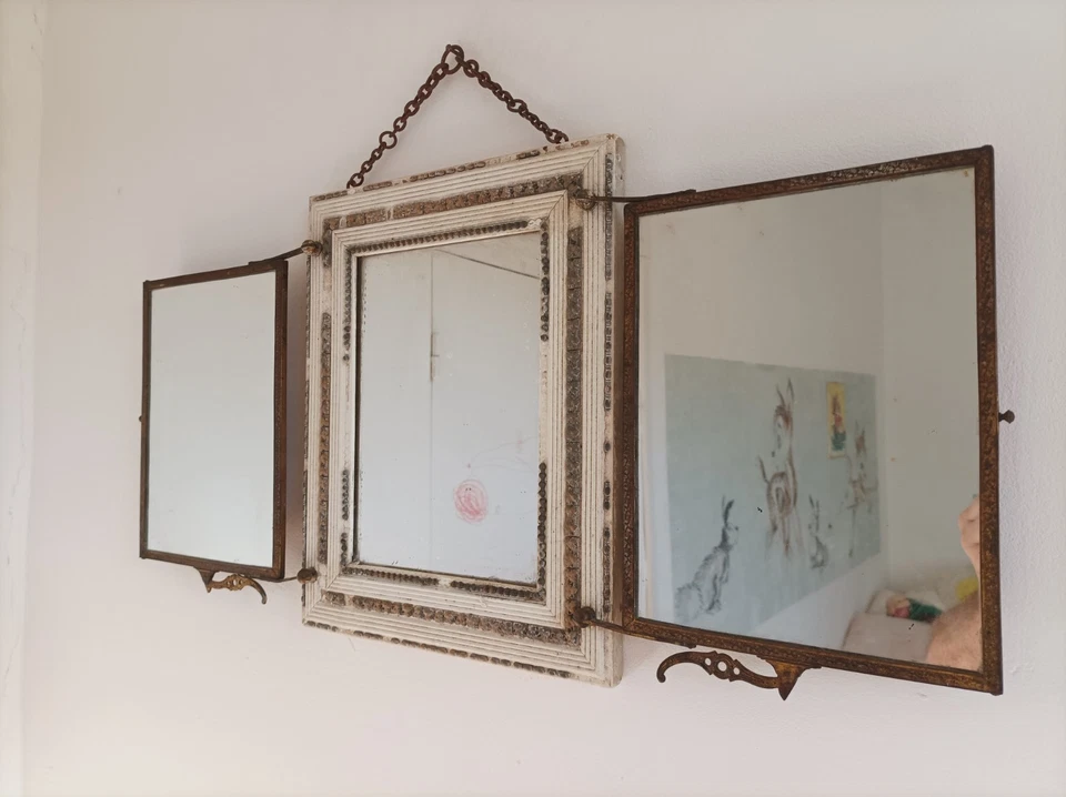 ancien miroir glace triptyque decor cadre Laiton bois 19eme a restaurer - Photo 4/4