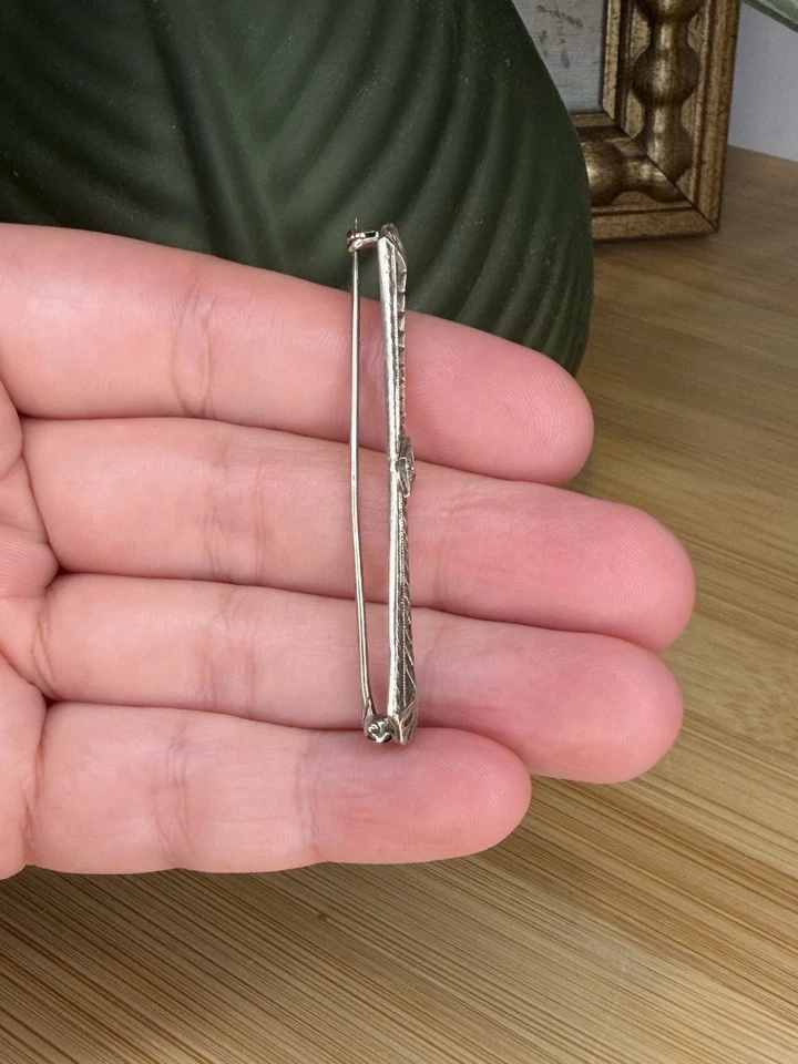 Antique Diamond Art Deco Era Filagree Bar Pin Brooch In 10K White Gold - Image 4 of 4