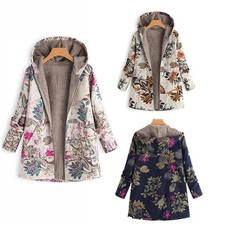 Ladies Winter Fleece Hooded Jacket Coat Zip Up Outwear PRINTED Outdoor PLUS SIZE