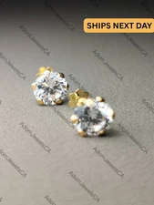 14K Solid Yellow Gold CZ Stud Earrings – Basket Set Round Cut Screw Back Studs
