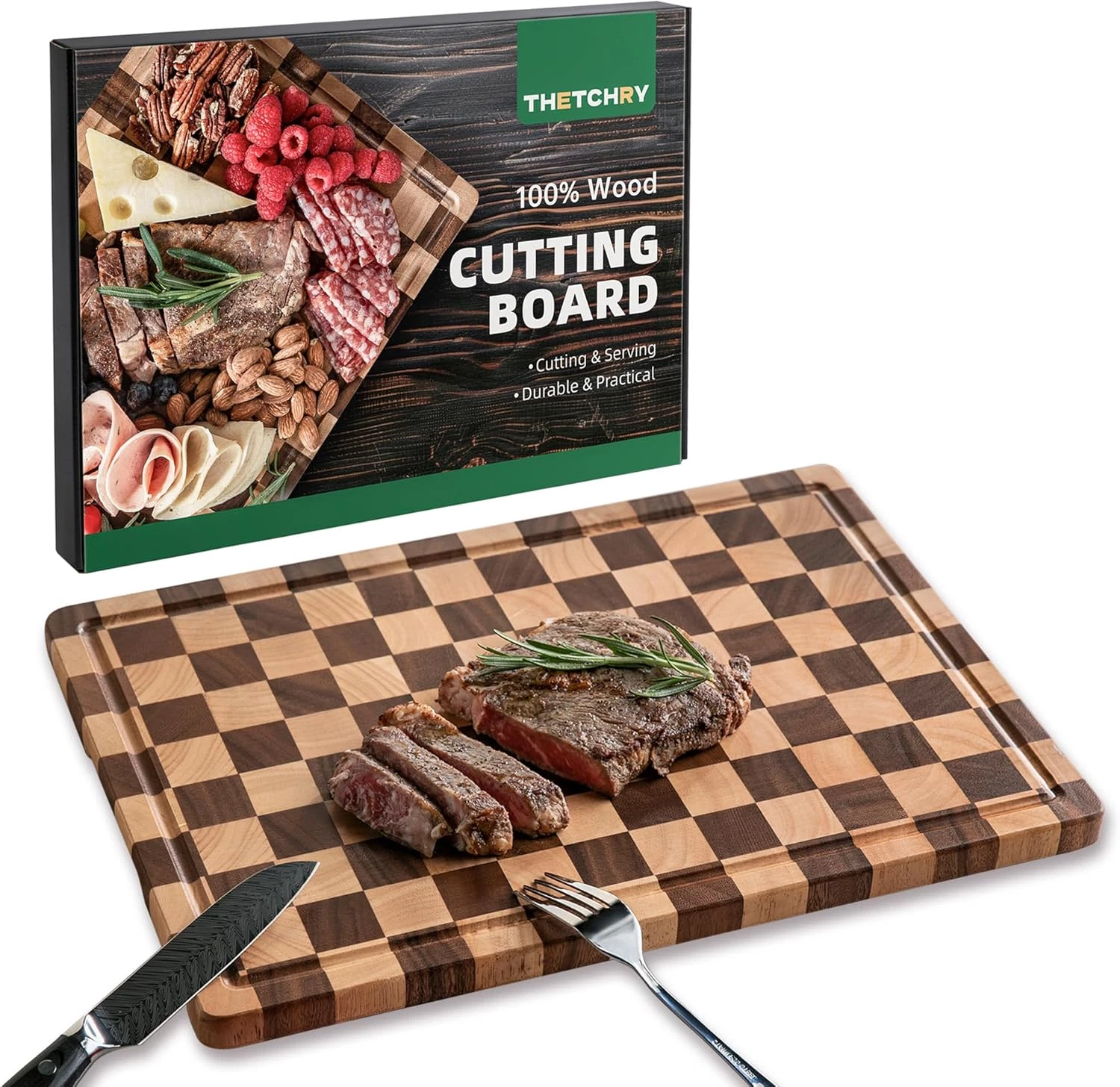 THETCHRY Cutting Boards for Kitchen, Checkered Cutting Board Upgraded, Acacia Wo
