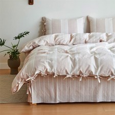 Striped Duvet Cover Set 3pcs 100 Washed Cotton Linen Like Textured with Bowk...