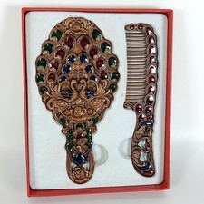Maniya Peacock Pattern Hand Mirror & Comb Set Boxed Gift Idea