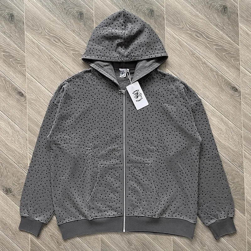 Saint Vanity Exclusive VVS Zip-Up Hoodie Grey Mens Rhinestone