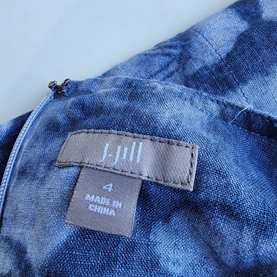 J Jill 3/4 Sleeves 100% Linen Shift Dress Blue Hawaiian Tropical Palm Floral 4 - Image 2 of 4