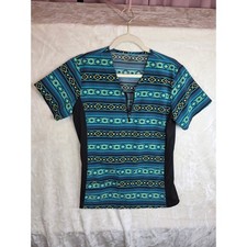 Southwestern Aztec Print Scrub Top Blue Teal Zip Neck Short Sleeve Large 14-16