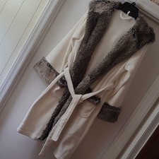 Pottery Barn Women's Fleece Robe Ivory Gray Faux Fur Trim Hooded Belted