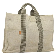 HERMES New Fourre Tout MM Hand Bag Canvas Gray Silver Auth bs27031