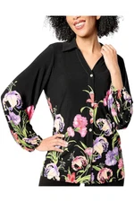 Susan Graver Women's Printed Liquid Knit Button-Front Shirt Blk/Rose