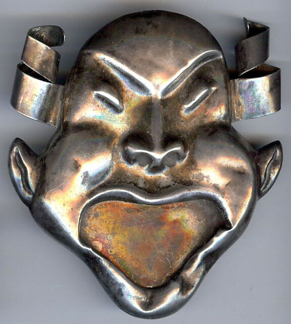 LARGE VINTAGE MEXICO STERLING SILVER DIMENSIONAL MASK FACE PIN BROOCH