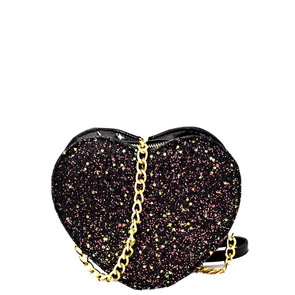 Heart Shaped Black Glitter Sparkly Sparkle Purse Goth Cute Women’s Clutch  Bag