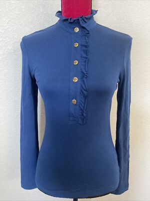 Tory Burch Size XS Lidia Ruffle Polo Long Sleeve Teal Blue Henley Gold Buttons