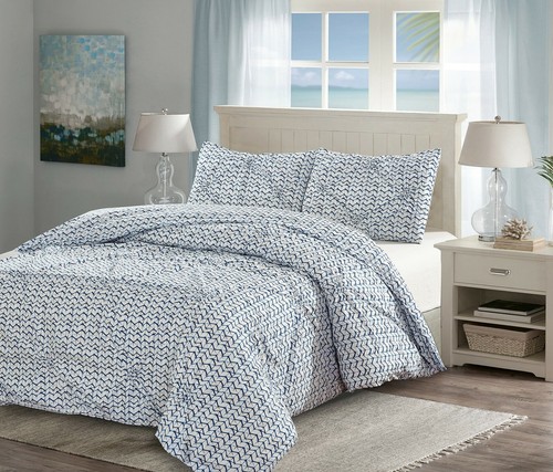 3pc Duvet Set 100% Cotton Blue Batik Pintuck Environmental bedding Queen King - 第 1/6 張圖片