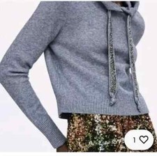 ZARA HOODIE SWEATER HOODED SWEATSHIRT GRAY CROP BEADED DRAWSTRING 6254/157 S