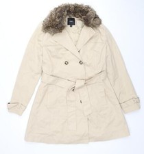 A&g Womens Beige Trench Coat Size S Faux Fur Trim
