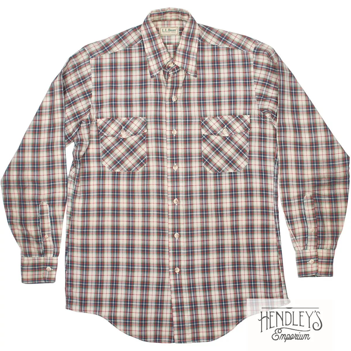 Vintage 80s LL BEAN Shirt M Ivory Brick Navy Plaid Japanese Cotton