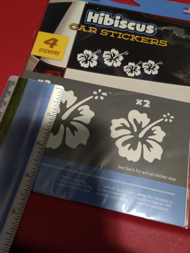 HIBISCUS CAR STICKERS WHITE 2 SIZES-4 PER SHEET (LOT OF 2 PACKS) 8 TOTAL - Picture 4 of 6
