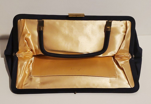 VINTAGE GARAY LADIES BLACK EVENING BAG SATIN CLUTCH PURSE WITH FOLDING HANDLE - Picture 8 of 8
