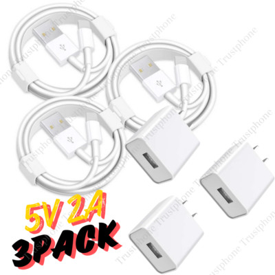 3-Pack 5V 2A USB Cable Power Charger Adapter Cord Lot For iPhone 14 13 12 11 Pro