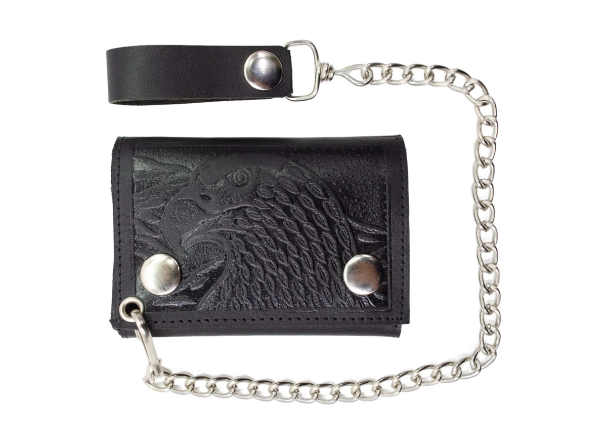 Embroidered Trucker Flap Girl Men's Black Leather Wallet Chain Biker