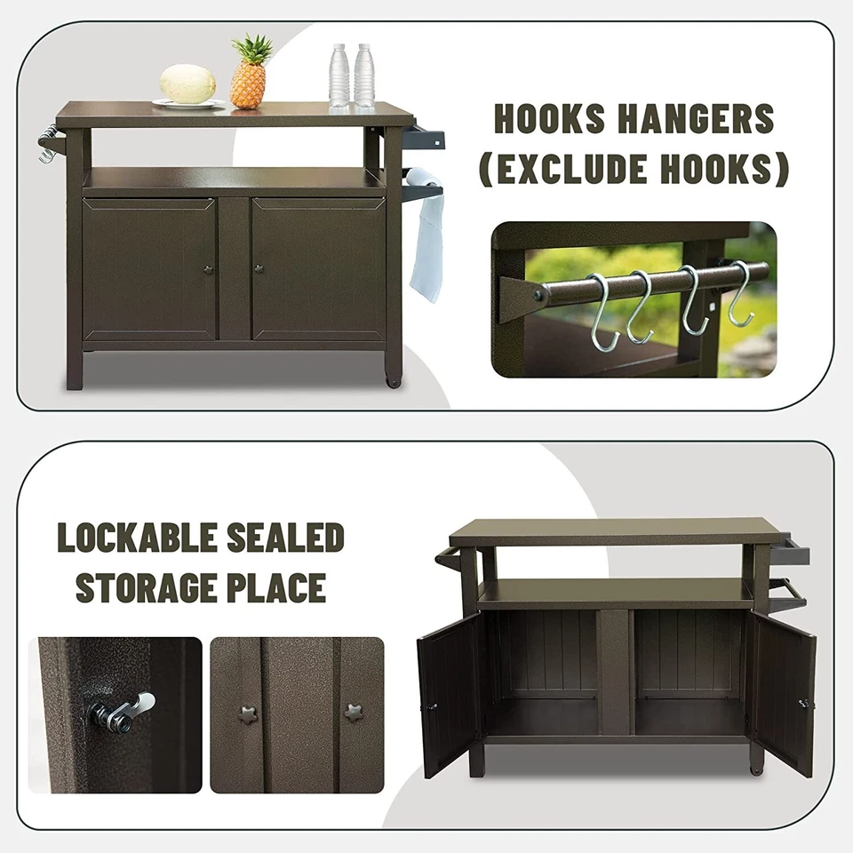 Domi Outdoor Grill Carts w/Wheels,Metal Table and Storage Cabinet for BBQ(Brown) - Image 3 of 4