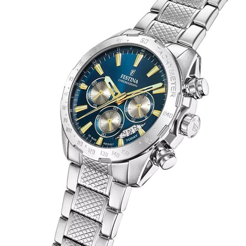 Festina F206685 Men's Silver Stainless Steel Blue Dial Chronograph Watch 44.5mm - Picture 2 of 4