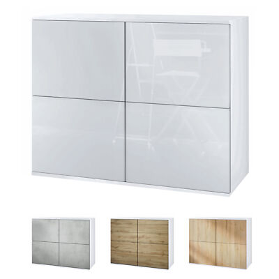 Sideboard Kommode Vitrine Küchenschrank Rova V3 Weiß - Hochglanz & Naturtöne
