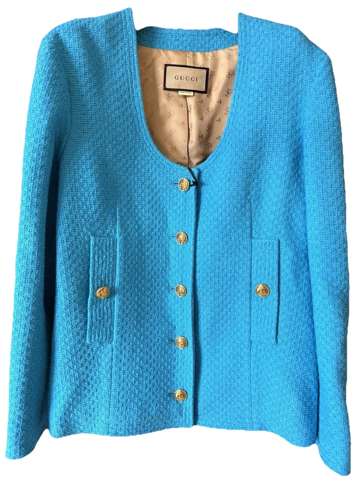 Authentique veste cardigan GUCCI tweed taille Medium 42 bleu sarcelle neuve avec étiquettes