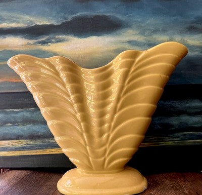 Vintage Roseville Triple Fan Vase MCM Art Deco Yellow 13 W 10  T 4  D